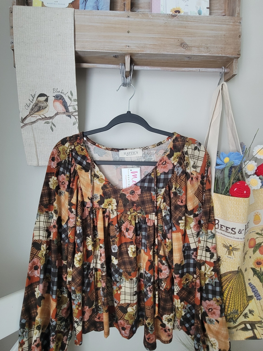 Haptics Floral Plaid Boho Blouse in Brown and Rust Size S